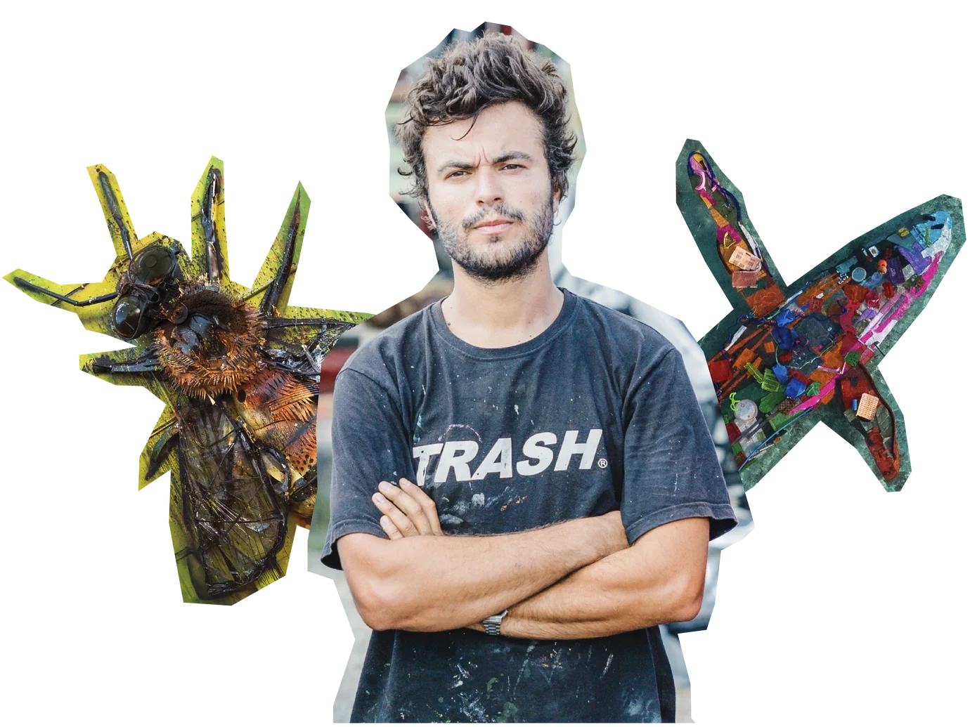 Bordalo II pictured between colourful animal sculptures made from discarded materials.