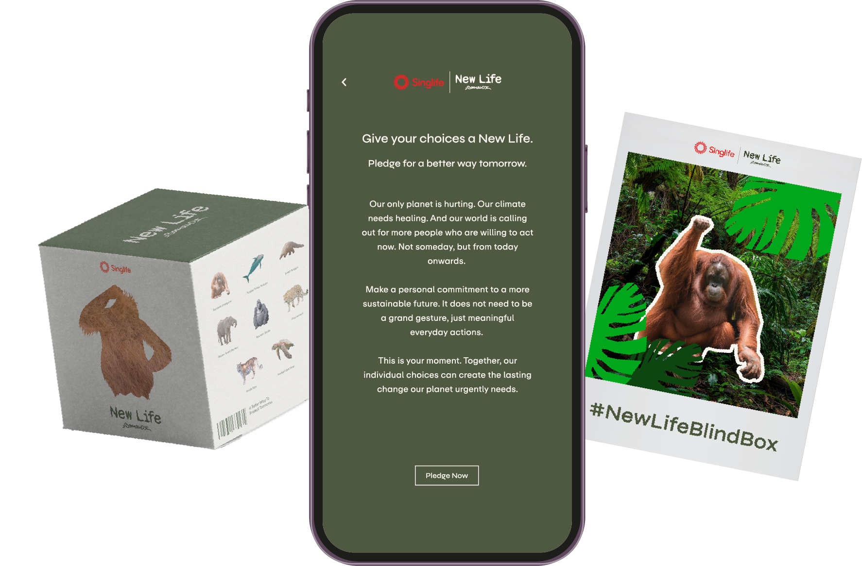 New Life pledge campaign featuring a mobile pledge page, an animal-themed blind box and an orangutan collectible.